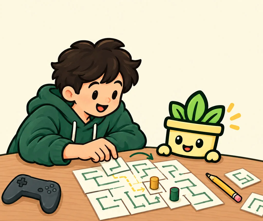 A student in a green hoodie moving a piece on a hand-drawn maze board game while Seven watches from across the table, a game controller and a pencil beside them